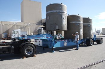 An empty TRUPACT-II is loaded onto a trailer. TRUPACT-IIs are sent to the generator sites empty and return with transuranic waste for disposal.